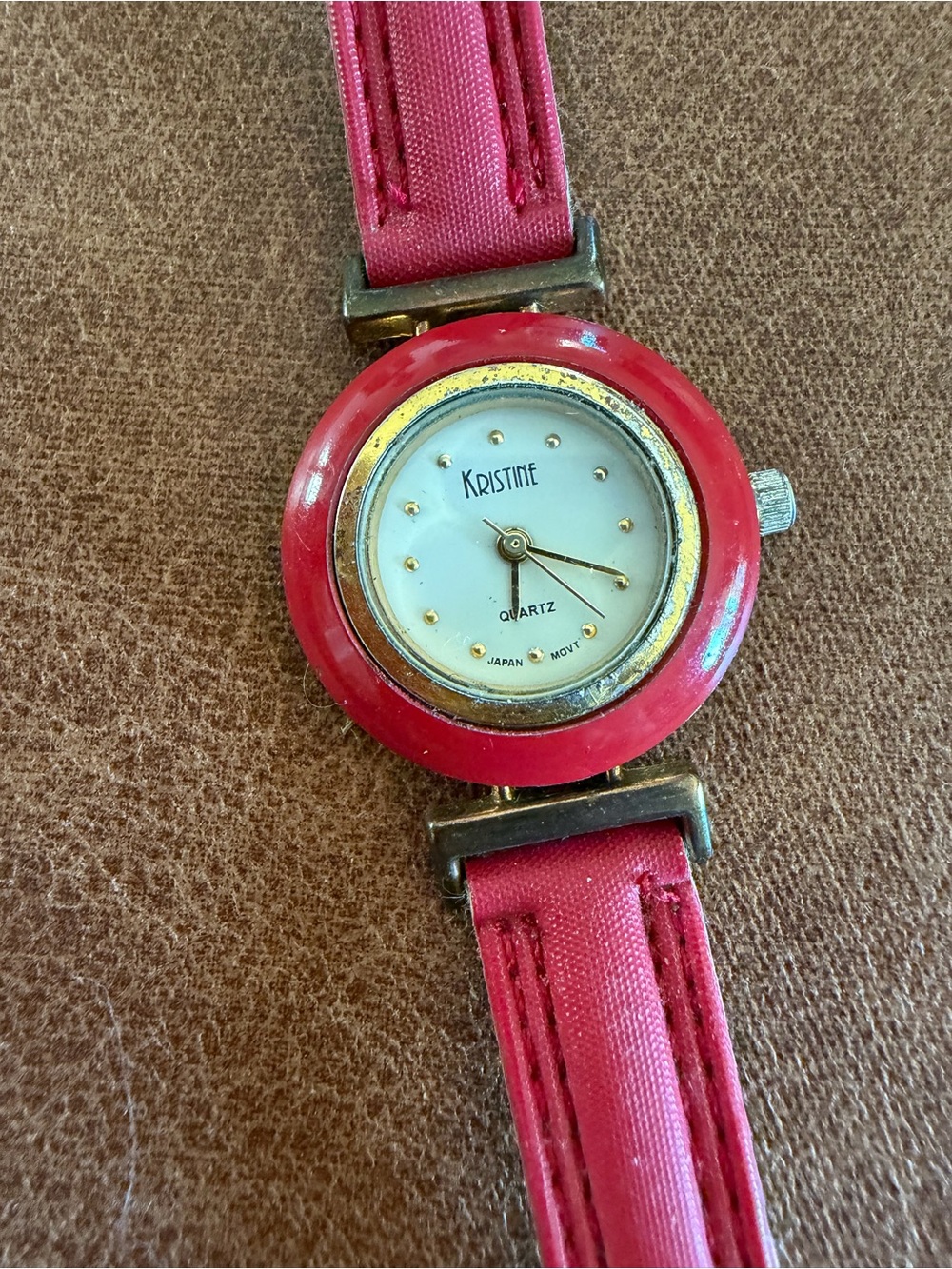 Vintage Kristine Quartz Women's Watch - Red Bezel & Leather Strap - Ref #03087